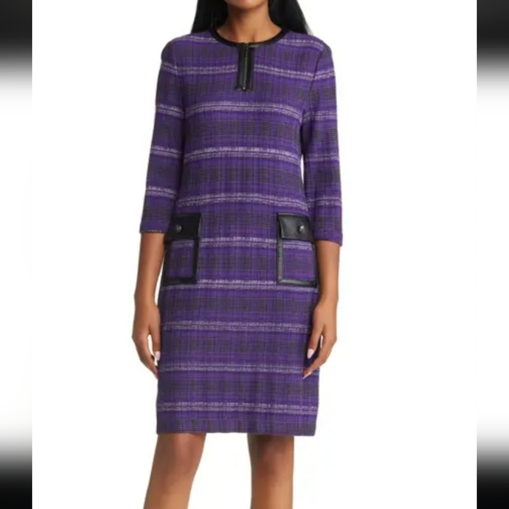Ming Wang Purple Plaid Midi Dress with Black Trim Rayon and Polyester Size XL